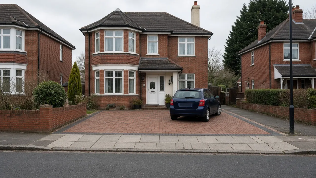 Red block-paved driveway with a charcoal border in front of a brick detached house