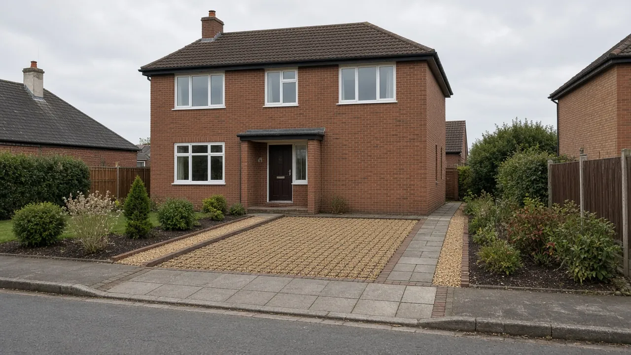 Gravel driveway in a stabilising grid with paving slabs leading to the front door of a brick house