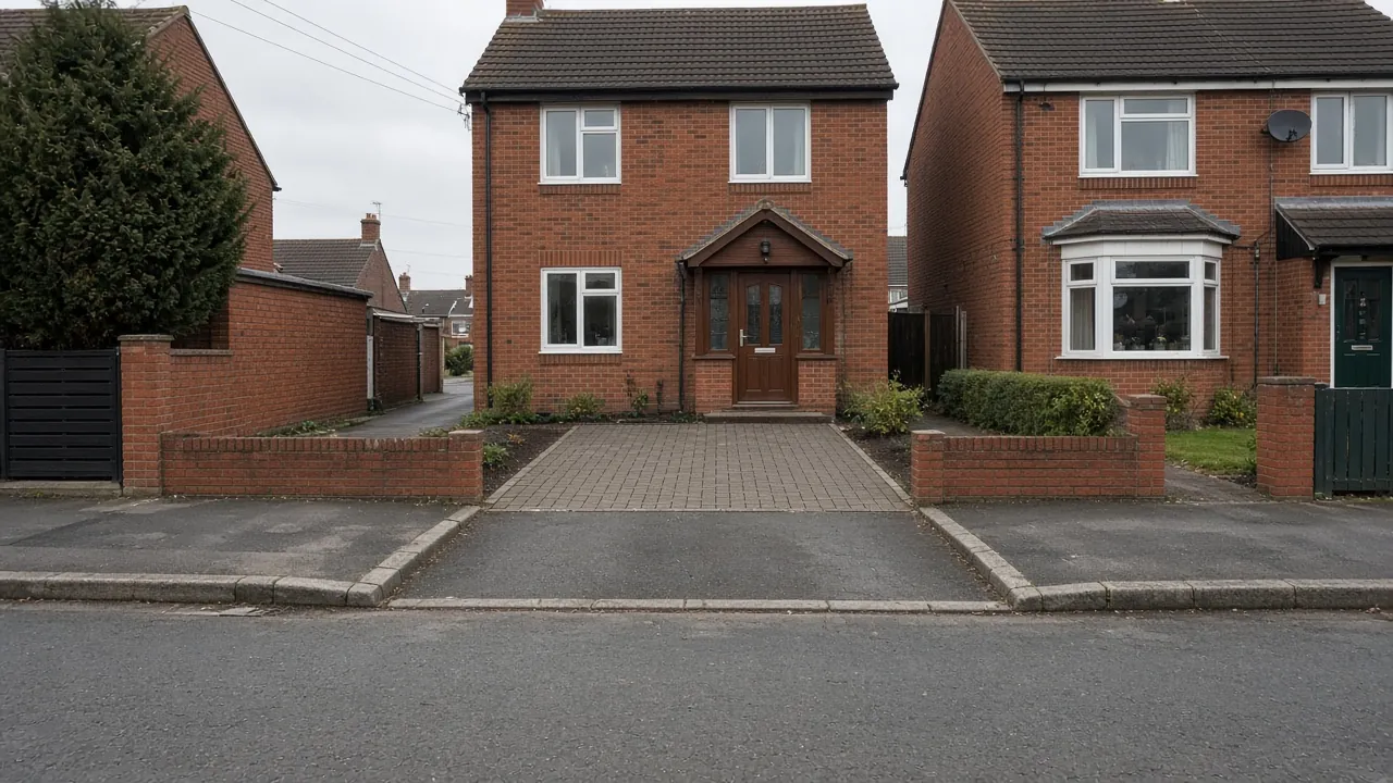 Dropped kerb lined up with a block-paved driveway between two low brick walls
